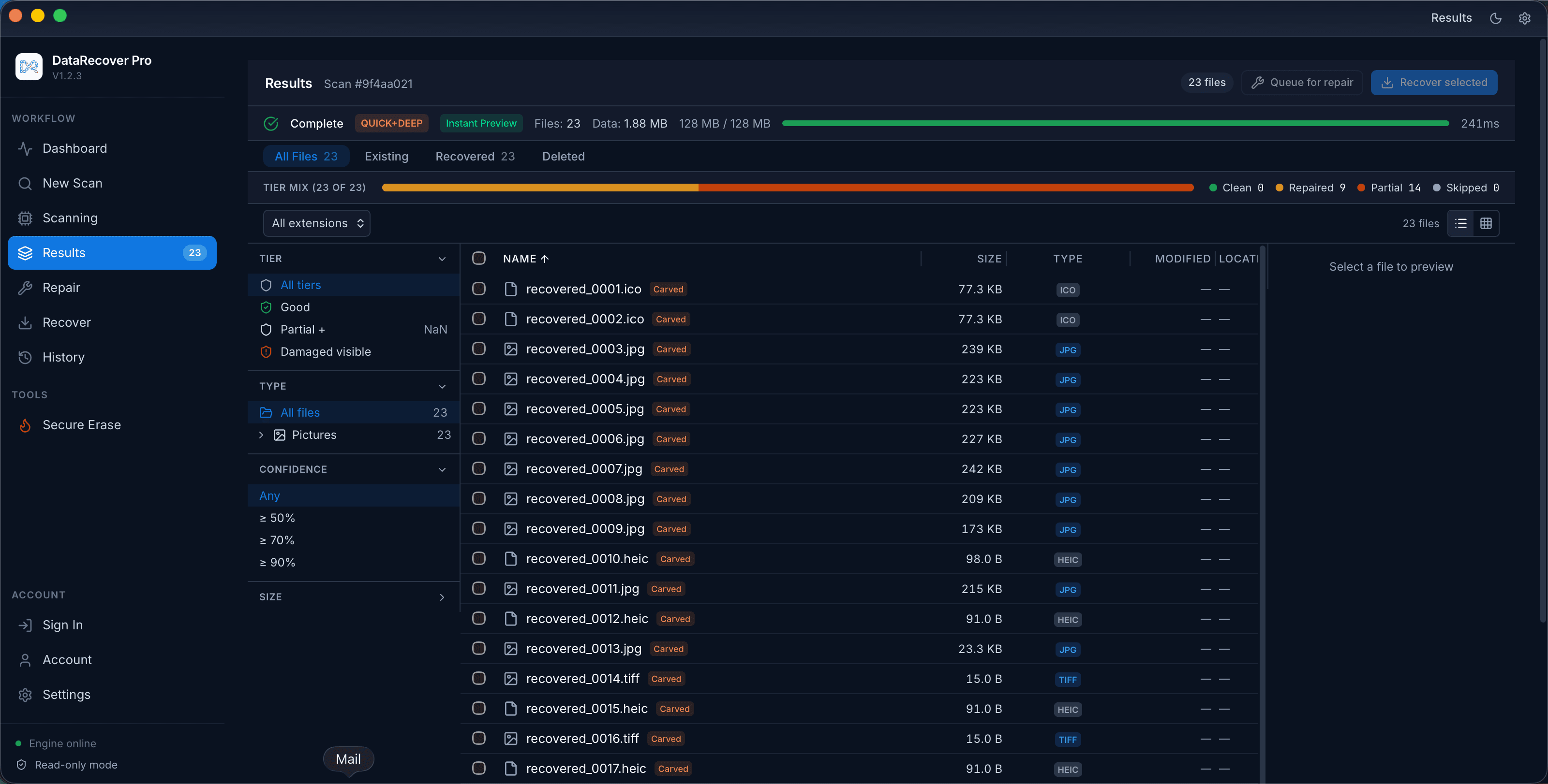 DataRecover Pro results after scanning a card: 23 files found, filters by tier, type and confidence, and a preview pane